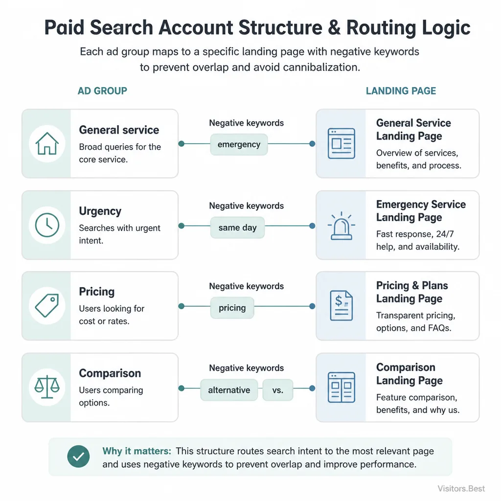 Simple account structure diagram showing separate ad groups routing to matching landing pages with negative keywords preventing overlap