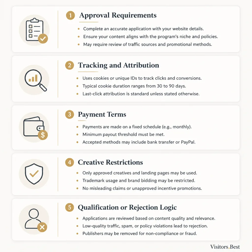 Checklist-style visual of pre-launch affiliate offer review items including approval rules, attribution, payment terms, creative restrictions, and rejection logic