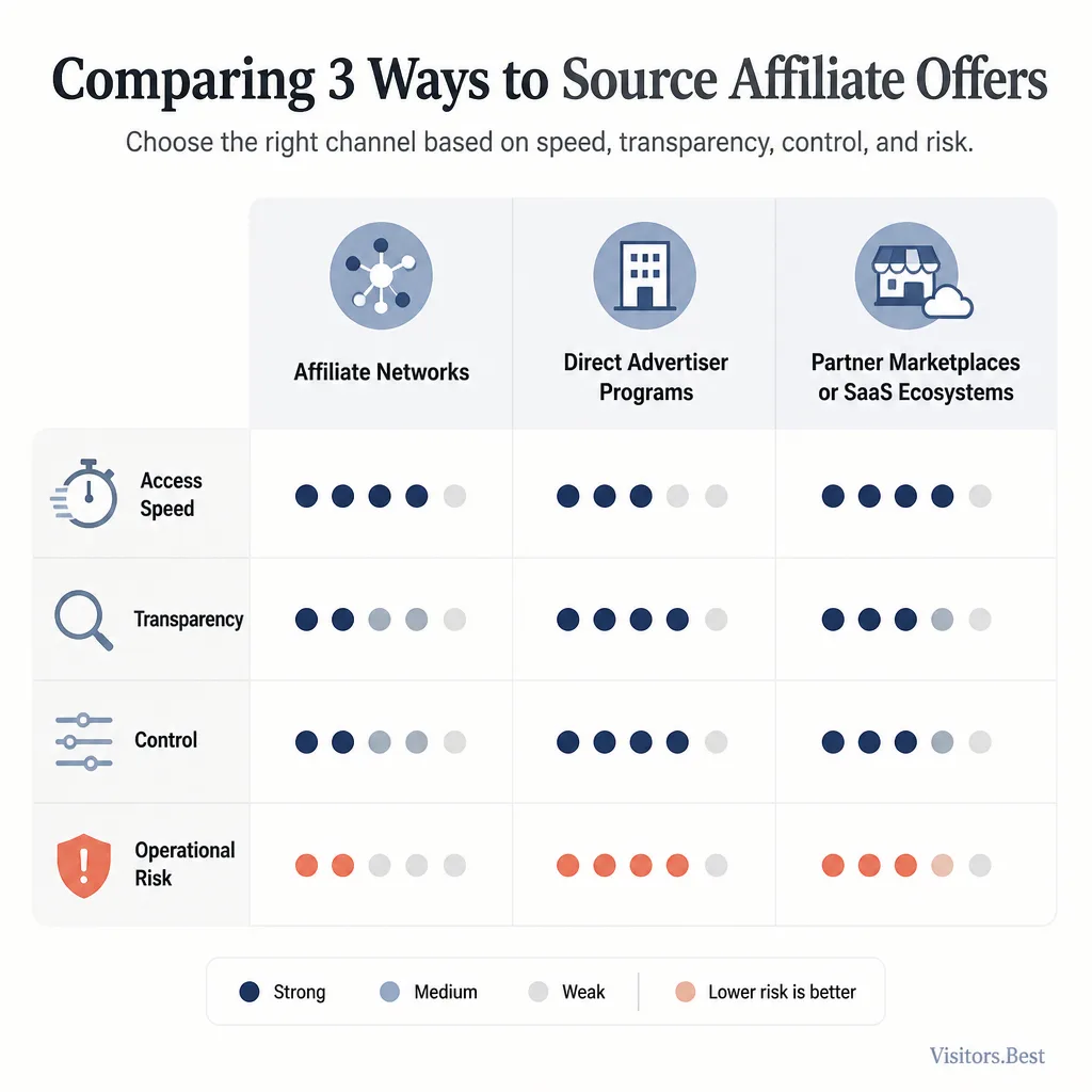 Three-column comparison diagram showing affiliate networks, direct advertiser programs, and partner marketplaces with tradeoffs for speed, transparency, and control