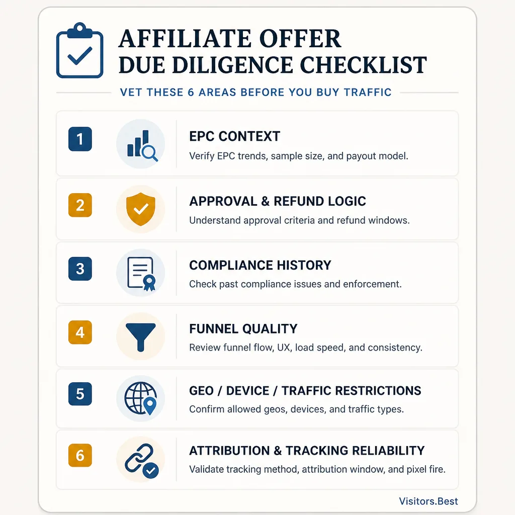 Decision-style checklist graphic for vetting an affiliate offer, including EPC context, approval rate, compliance, funnel quality, restrictions, and tracking reliability