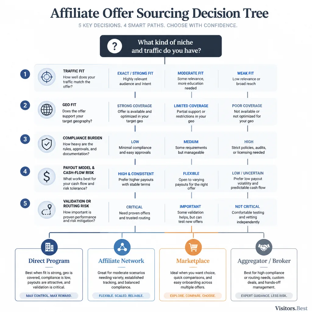 Decision flowchart matching traffic type and compliance burden to the most suitable affiliate sourcing channel