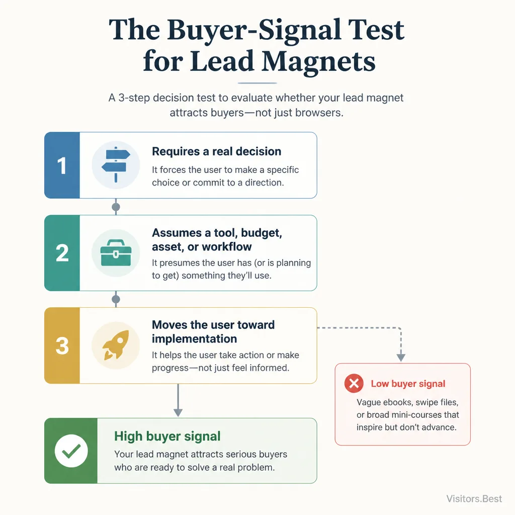 Simple editorial decision diagram showing a lead magnet passing through three buyer-signal checks: decision required, existing asset or budget, and implementation next step