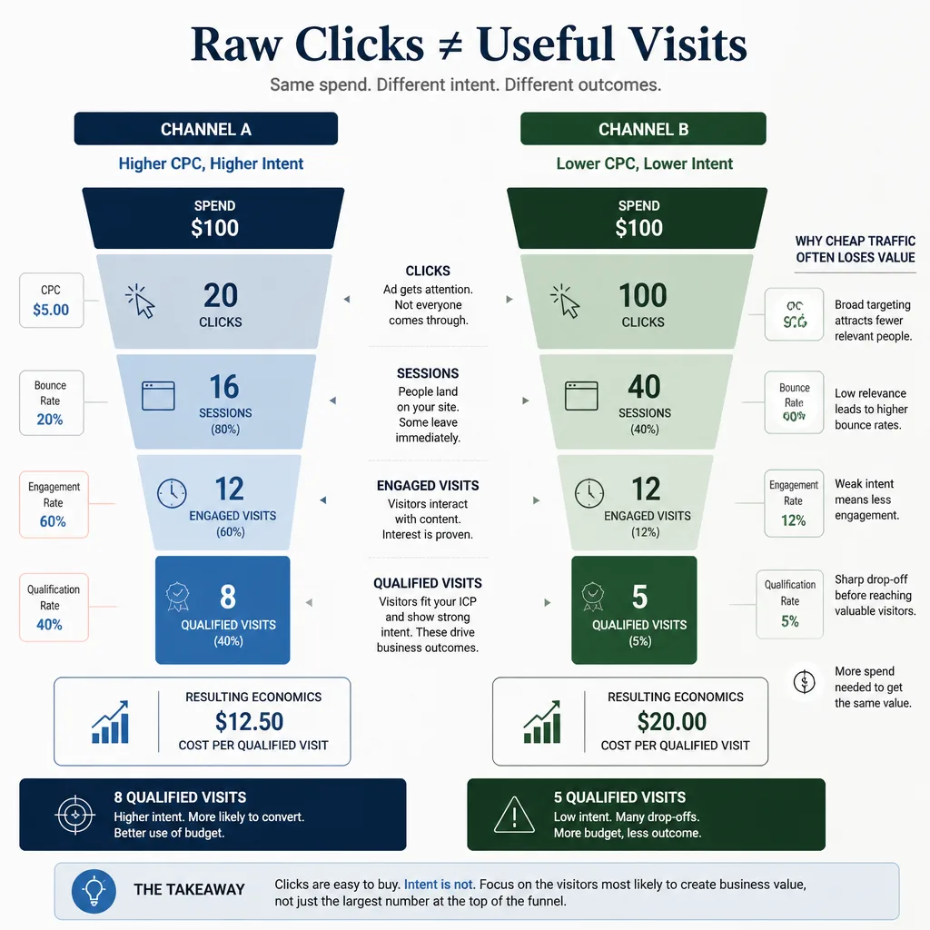 Two-channel funnel comparison where a cheap click source produces more clicks but fewer qualified visits than a higher-intent source