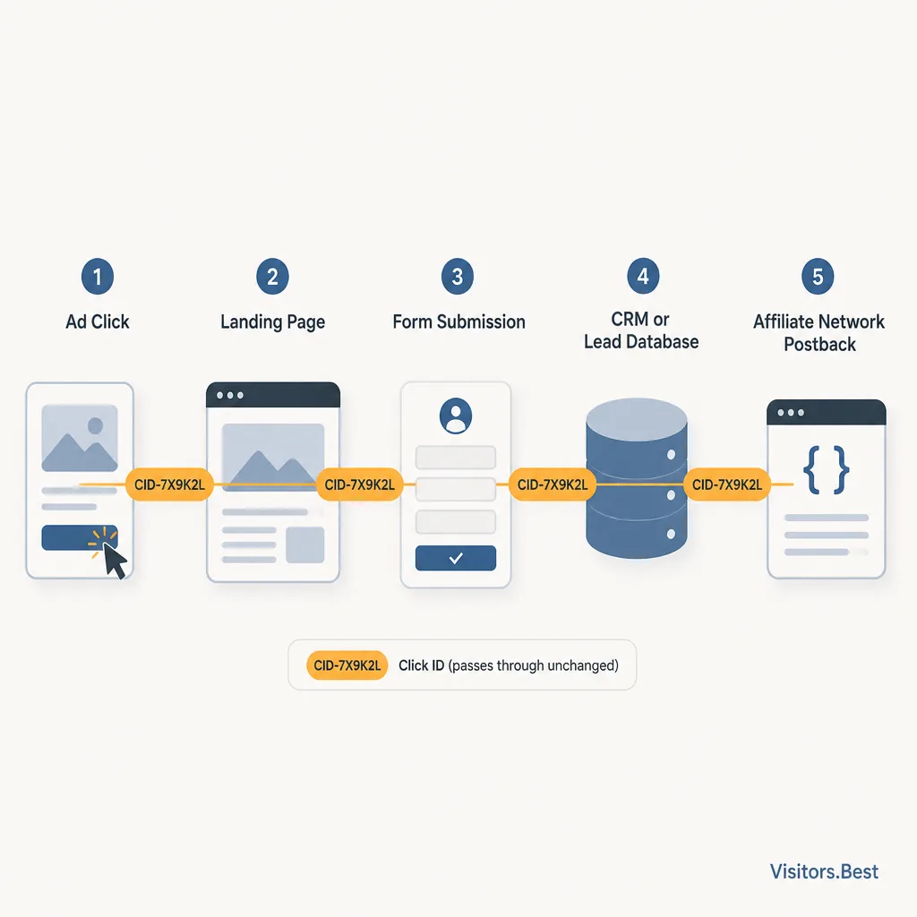 Simple workflow diagram showing click ID moving from ad click to landing page to form to CRM to affiliate network postback