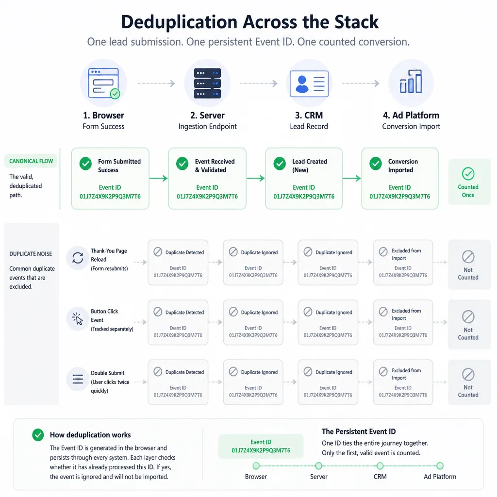 Deduplication flow showing one event ID carried from browser to server to CRM and ad platforms with duplicate paths blocked