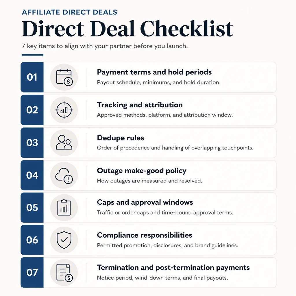 Checklist-style workflow graphic showing written terms to confirm before traffic goes live, including payment terms, tracking, attribution, dedupe rules, outages, caps, compliance, and termination handling.