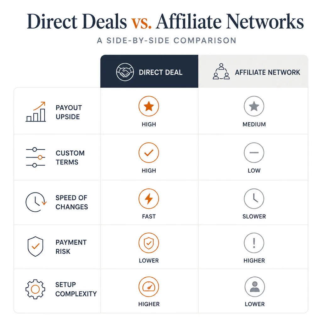 Comparison diagram with two columns labeled conceptually as direct deal and affiliate network, showing tradeoffs in payout upside, customization, setup complexity, payment risk, and dispute handling.