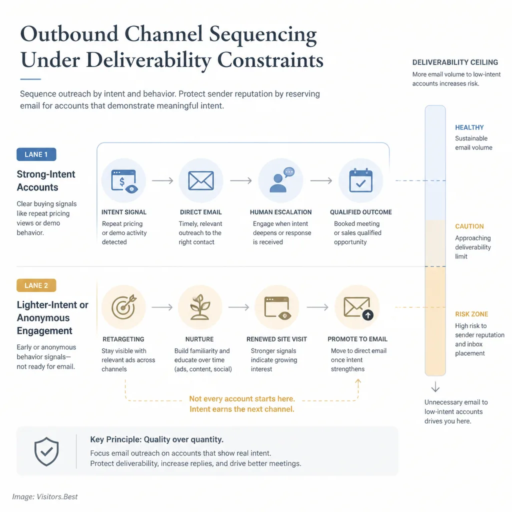 Two-lane channel sequence showing when strong-intent accounts go to email and when lighter-intent accounts go to retargeting or nurture, with a deliverability ceiling warning on unnecessary sends.