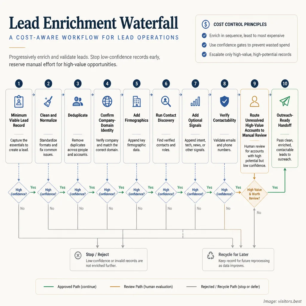 Workflow diagram showing a lead enrichment waterfall from minimum viable record through cleaning, deduplication, identity match, firmographic enrichment, contact discovery, signal enrichment, verification, and manual review only for unresolved high-value accounts.