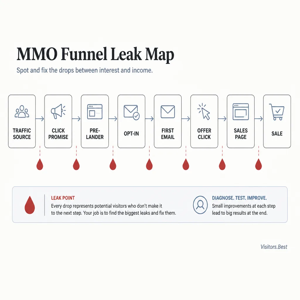 Simple horizontal funnel diagram showing traffic source, click promise, pre-lander, opt-in, first email, offer click, sales page, and sale with leak indicators between stages