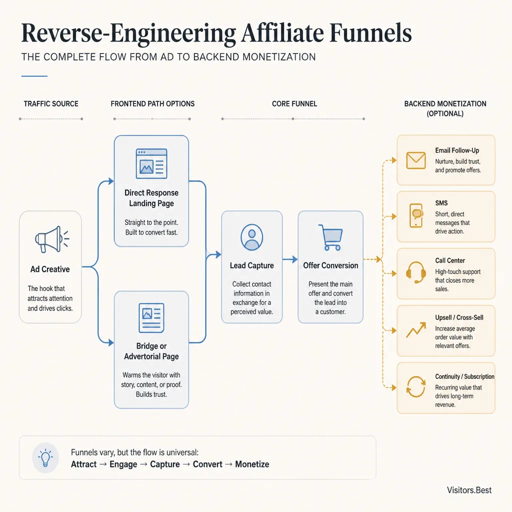 Simple funnel flow diagram from ad to bridge page or direct landing page, then lead capture, upsell, and backend follow-up paths