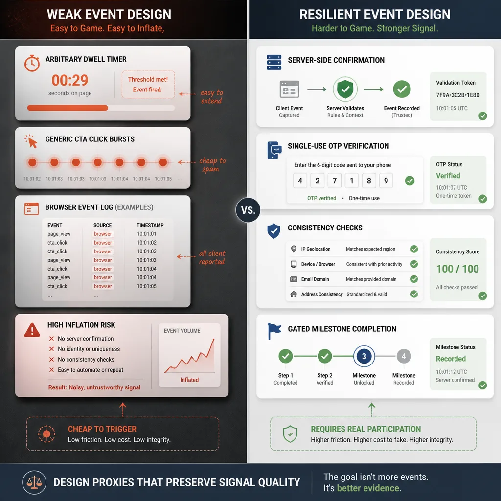 Side-by-side comparison of two event designs, one easily gamed by dwell time and repeated clicks and the other protected by server-side validation, OTP completion, and consistent field checks.