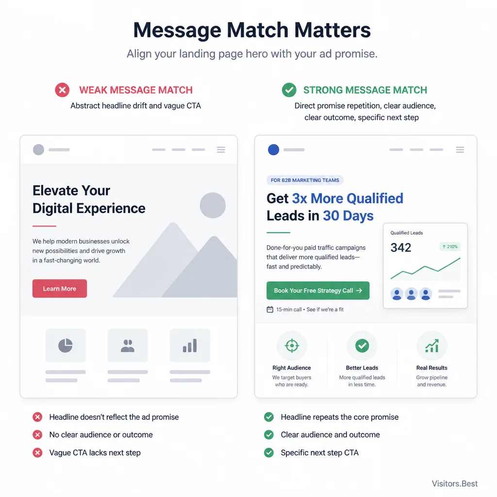 Comparison visual of two landing page hero sections, one with headline drift and one with strong message match, showing clearer promise alignment in the improved version
