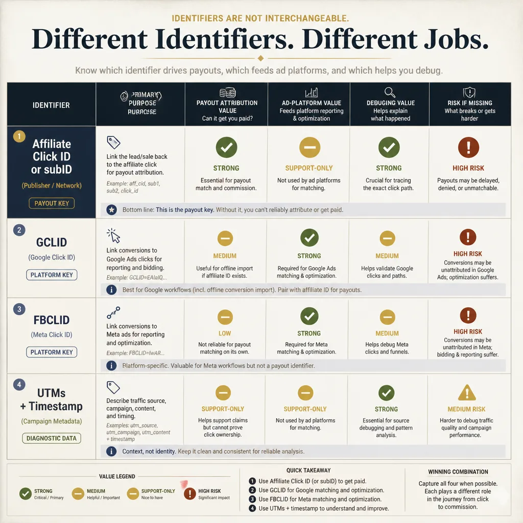 Comparison graphic ranking affiliate click ID, GCLID, FBCLID, and UTMs by primary use, payout importance, optimization use, and debugging value.