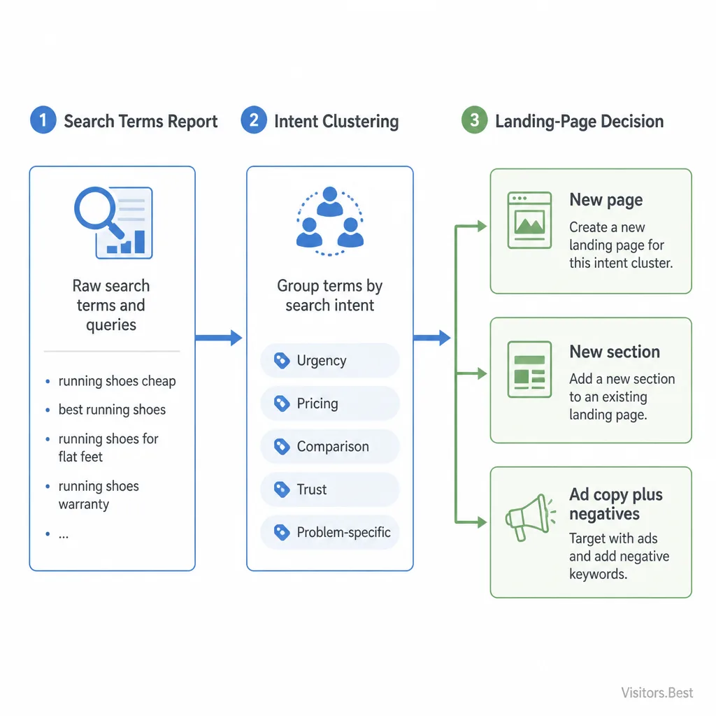 Clean workflow diagram showing search terms moving into intent clusters and then into three decisions: new landing page, page section, or ad copy and negatives