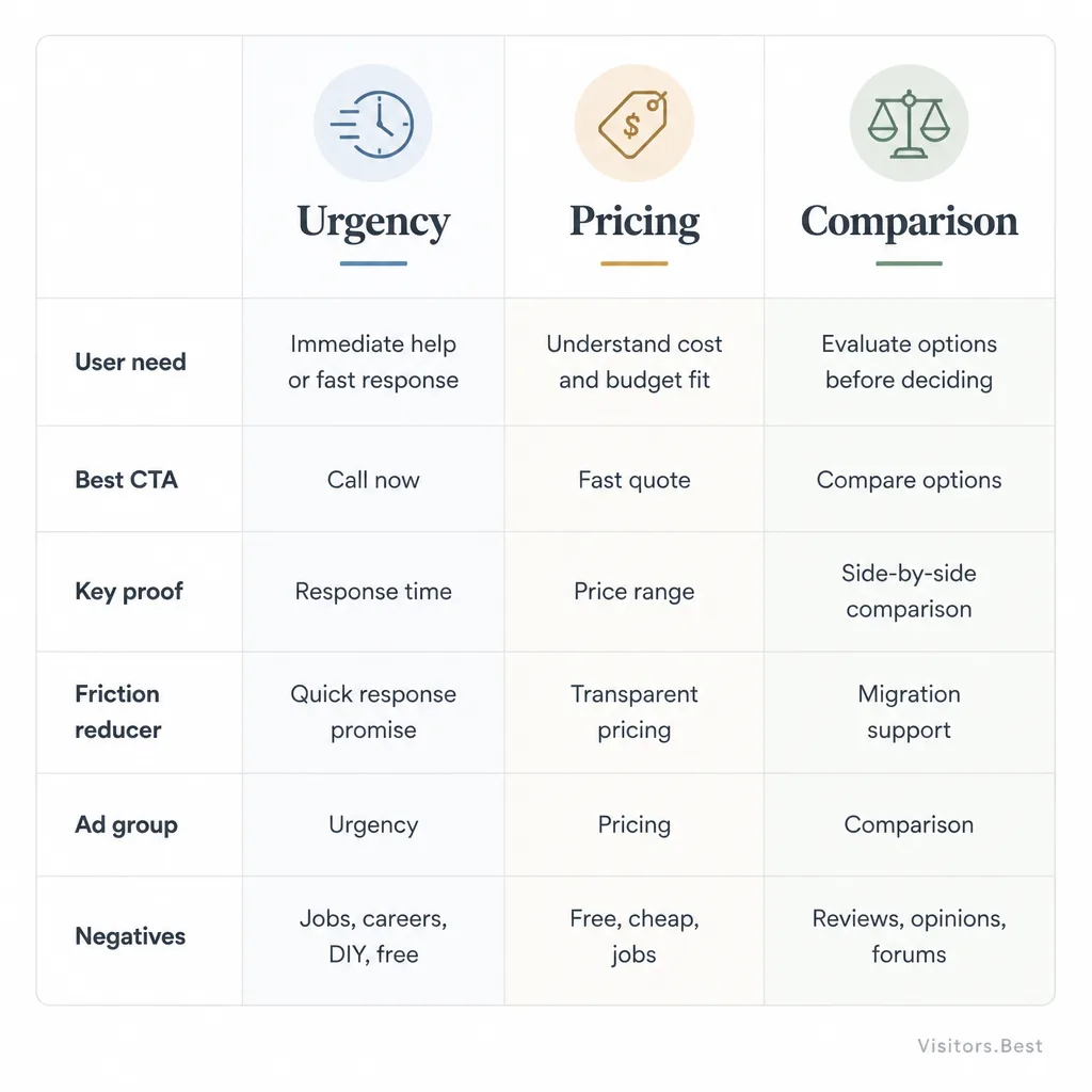 Comparison table style visual showing three intent clusters with different landing page elements, calls to action, proof, and negative keyword routing