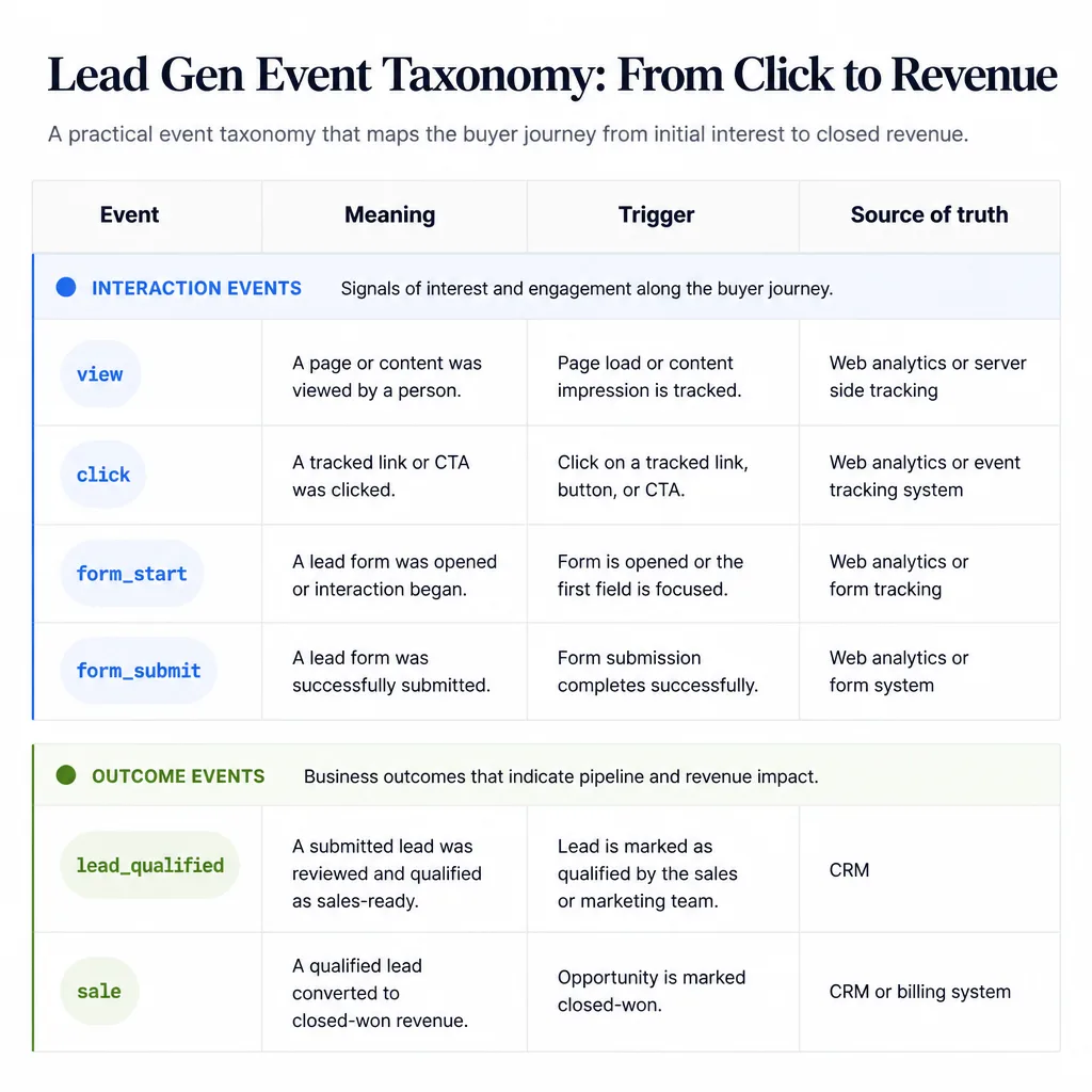 Event taxonomy table from view to sale with source of truth and trigger type for each conversion stage
