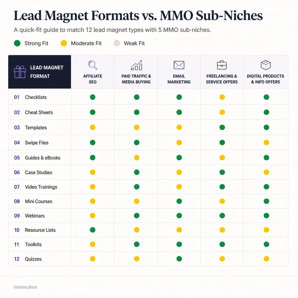 Comparison matrix mapping twelve lead magnet formats against make money online sub-niches such as affiliate SEO, paid traffic, email marketing, freelancing, and digital products