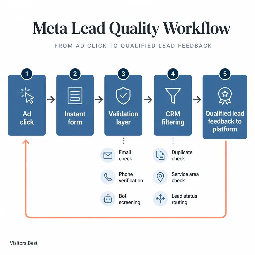 Layered flow diagram from Meta lead ad to instant form to validation to CRM filtering to qualified lead feedback sent back to the ad platform