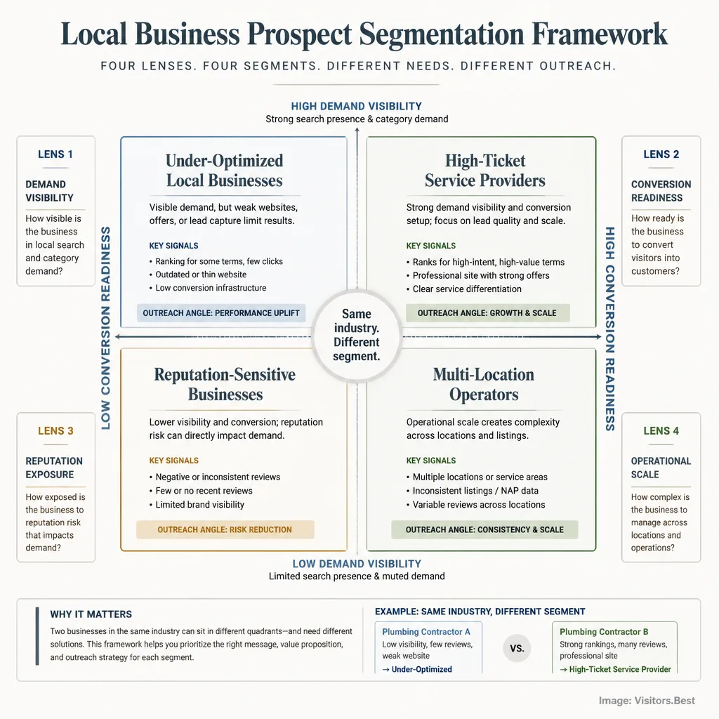 Decision framework showing how local businesses are segmented by demand visibility, conversion readiness, reputation exposure, and operational scale.