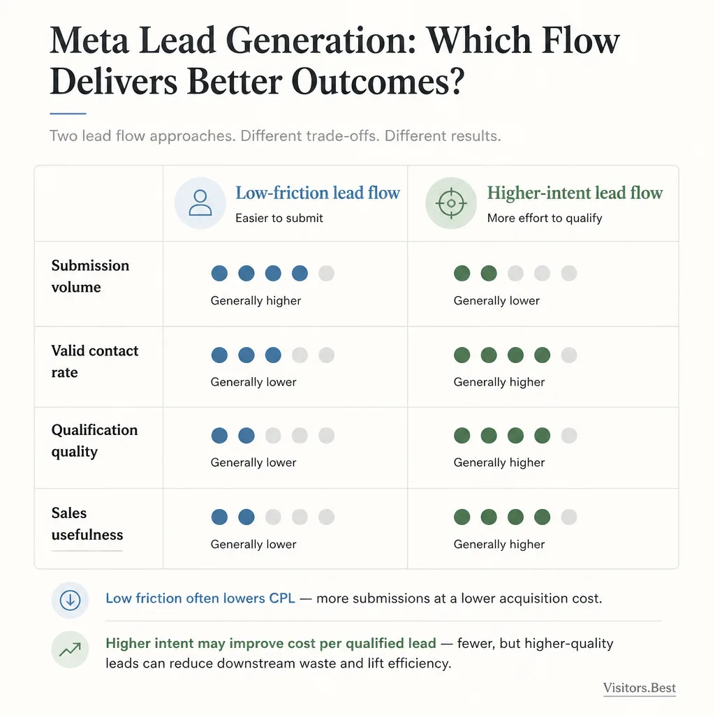 Comparison table showing low-friction and higher-intent lead capture paths across volume, contact validity, qualification rate, and sales usefulness
