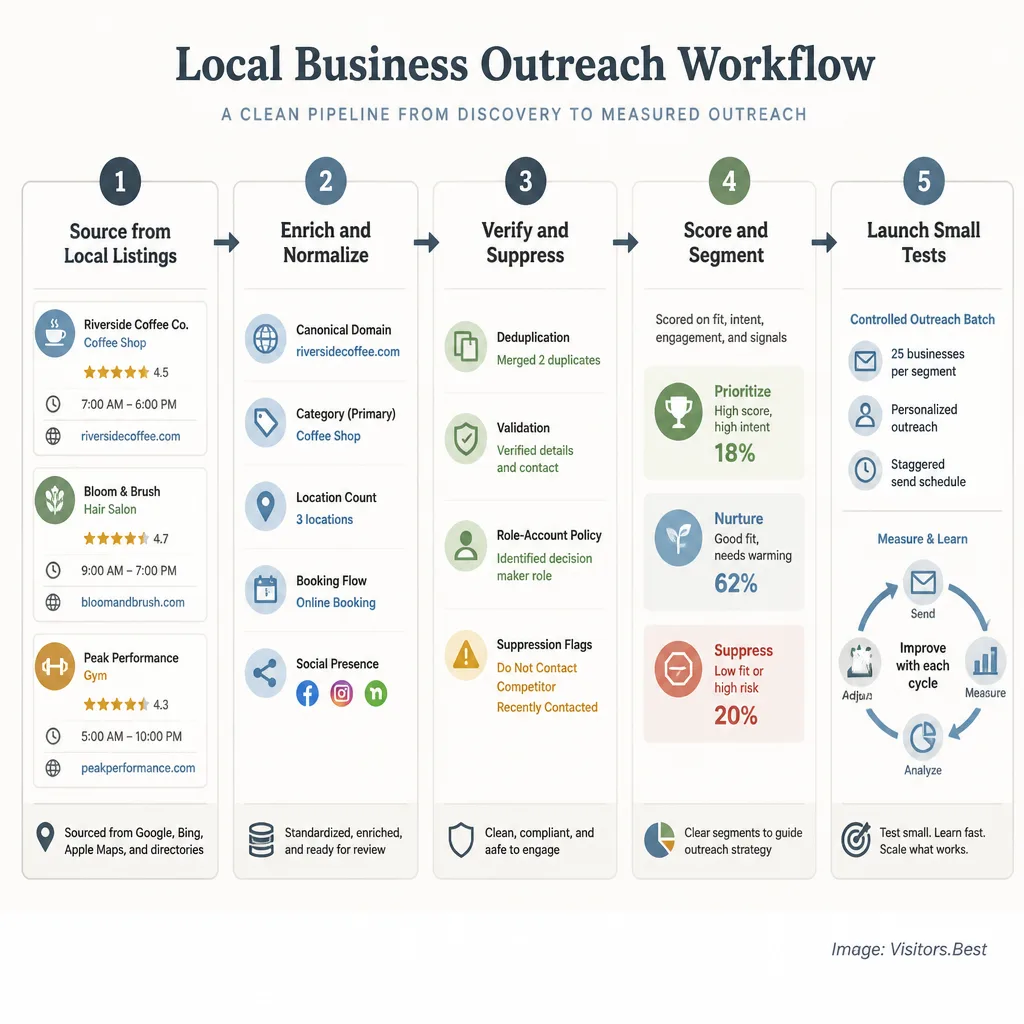 Workflow diagram showing raw local business listings passing through intent signals, enrichment, verification, segmentation, and test launch.