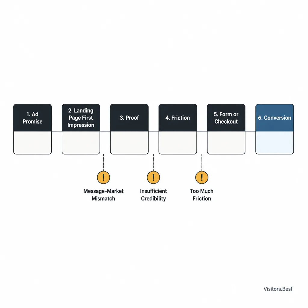 Simple funnel diagram showing ad promise, landing page, proof, friction, form or checkout, and conversion, with weak points highlighted along the path
