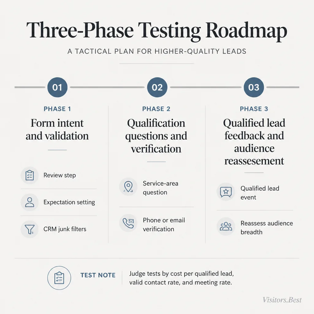 Three-phase testing roadmap showing form changes first, qualification and verification second, and qualified lead feedback with audience reassessment third