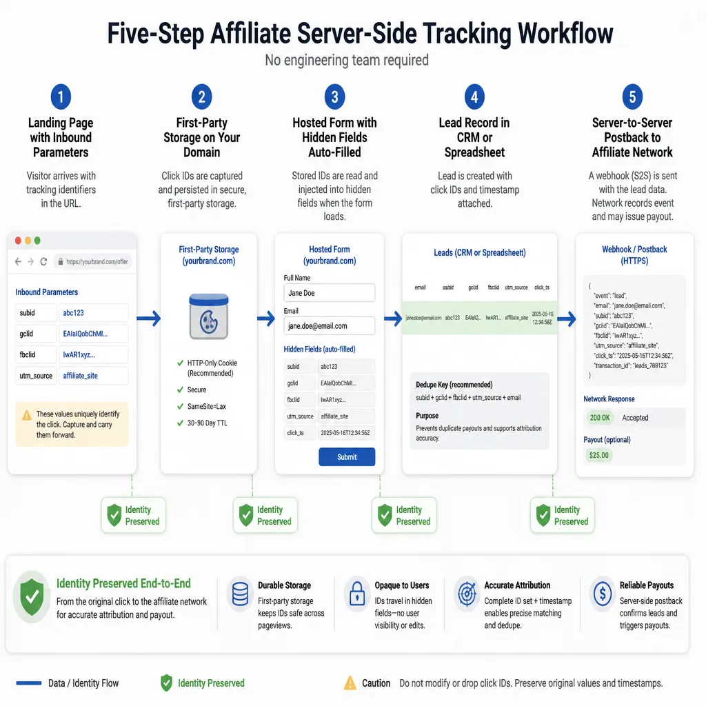 Step-by-step workflow showing URL click ID capture on page entry, first-party storage, hidden form field population, CRM lead record creation, and a server-to-server postback.