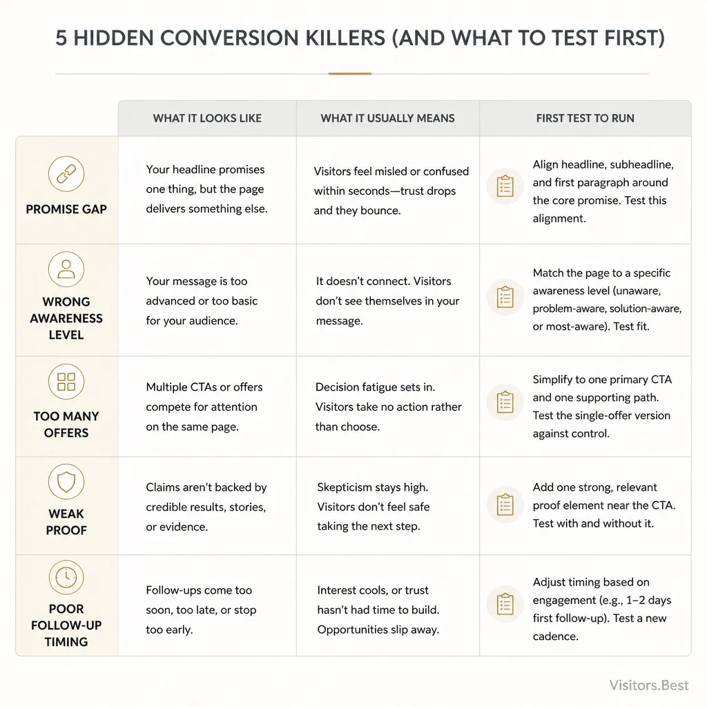 Comparison matrix with five rows for promise gap, wrong awareness level, too many offers, weak proof, and poor follow-up timing, alongside symptoms and first tests