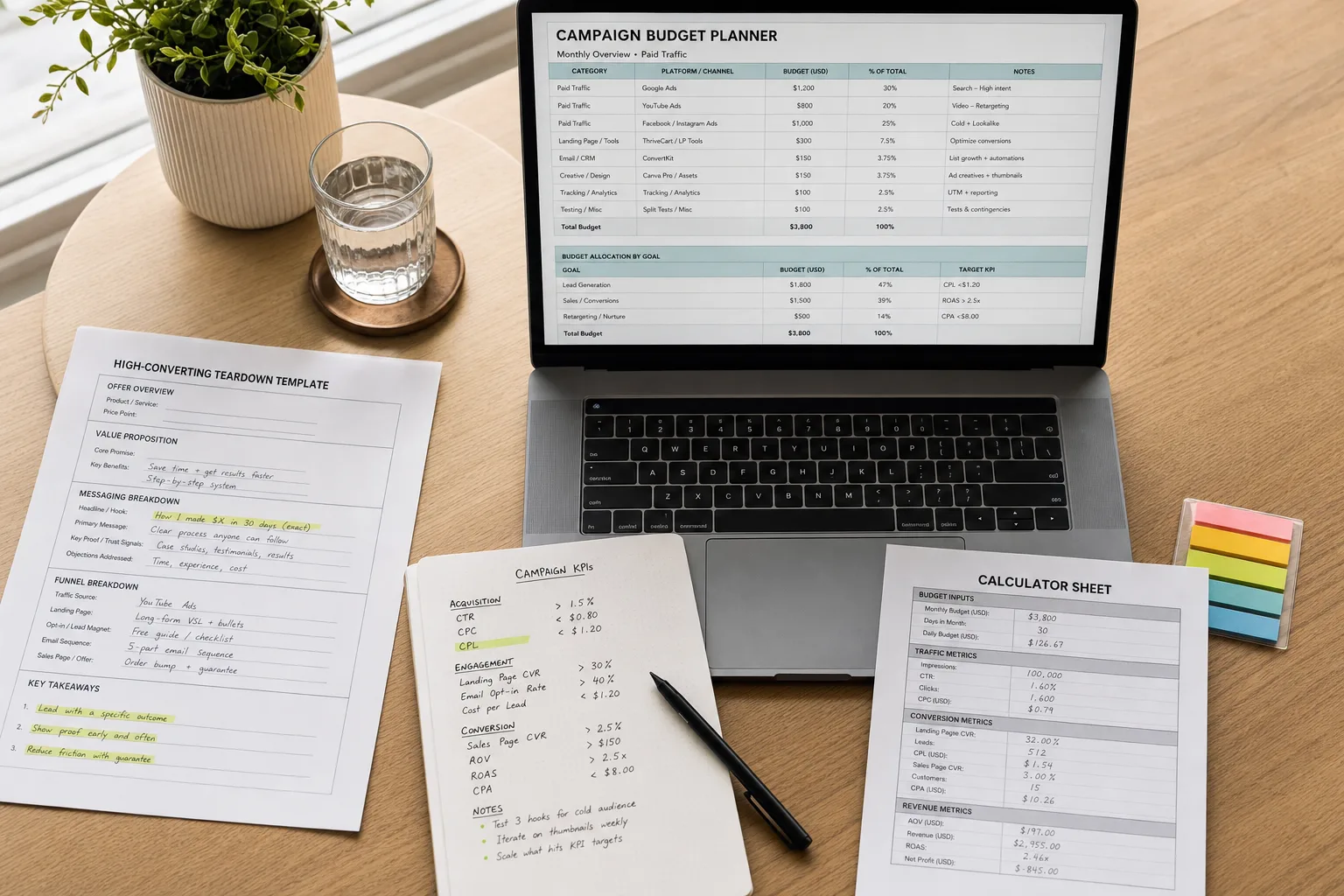 Marketing desk with printed lead magnet worksheets, a budget planner spreadsheet on a laptop, and annotated funnel notes arranged for campaign planning