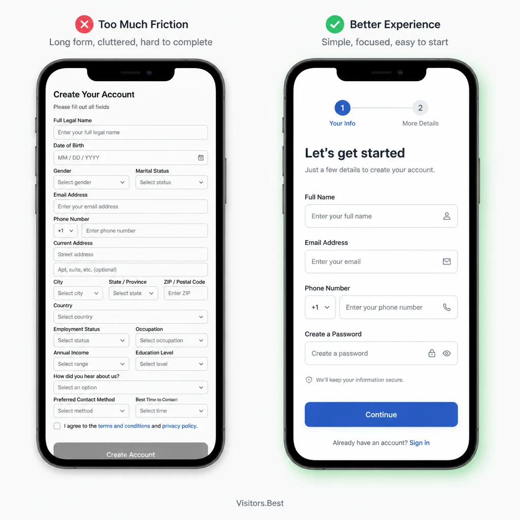 Mobile checkout form mockup comparing a long friction-heavy form with an improved shorter form designed for thumb-friendly use