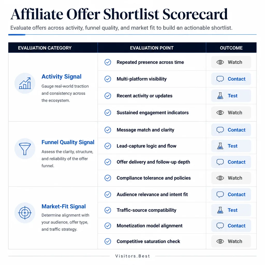 Offer scoring matrix with rows for activity signal, funnel quality, and market fit, using a simple evaluation grid for shortlist decisions