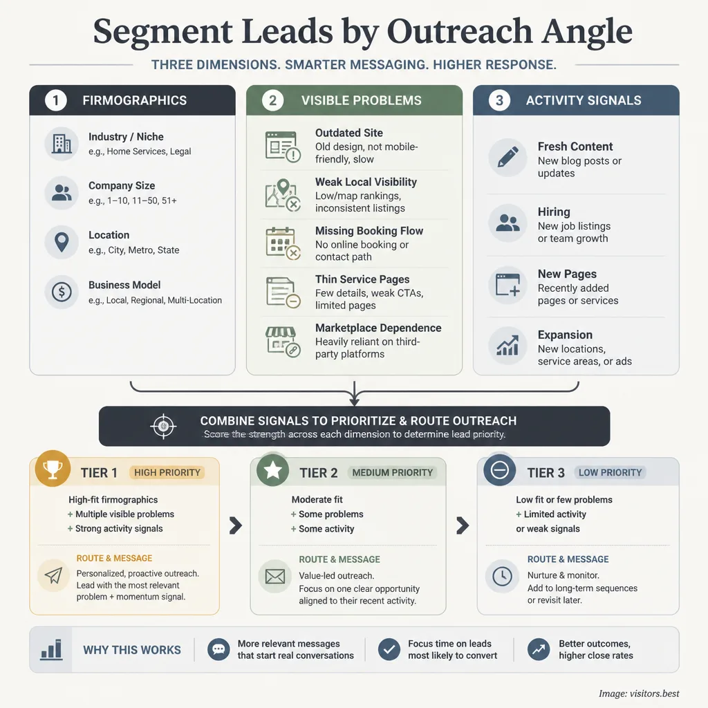 Segmented lead triage board grouping companies by firmographic fit, visible problem, and activity signals, with priority tiers for outreach routing.