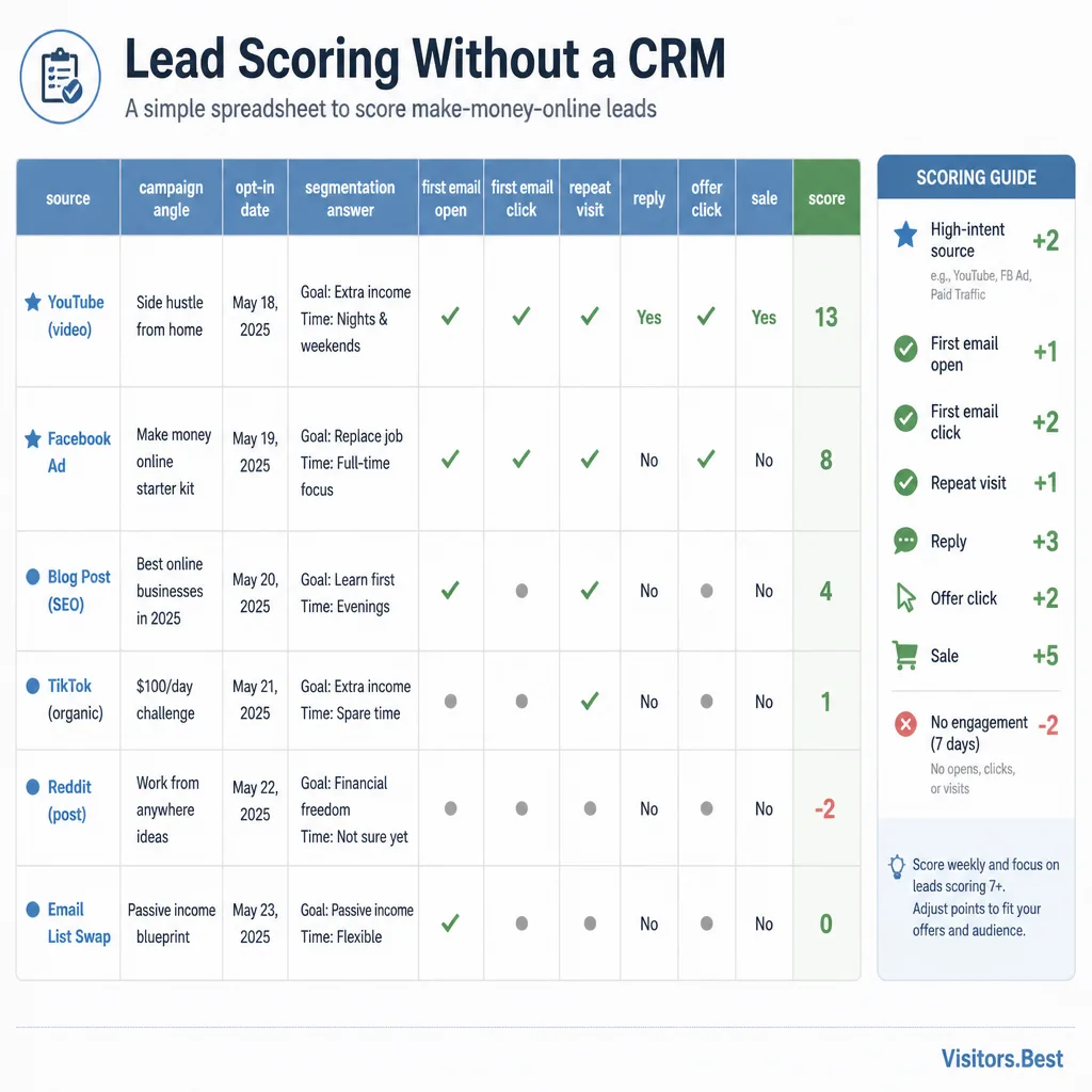 Minimal lead scoring worksheet layout with columns for source, angle, open, click, repeat visit, reply, offer click, and score, shown as a simple spreadsheet-style visual