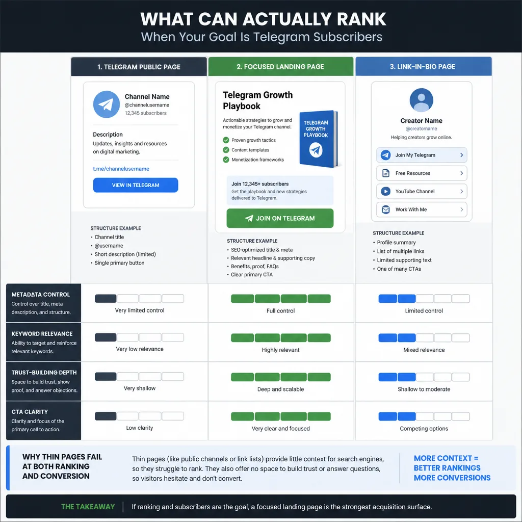 Comparison diagram showing Telegram page, focused landing page, and link-in-bio page across ranking control, trust, and conversion clarity