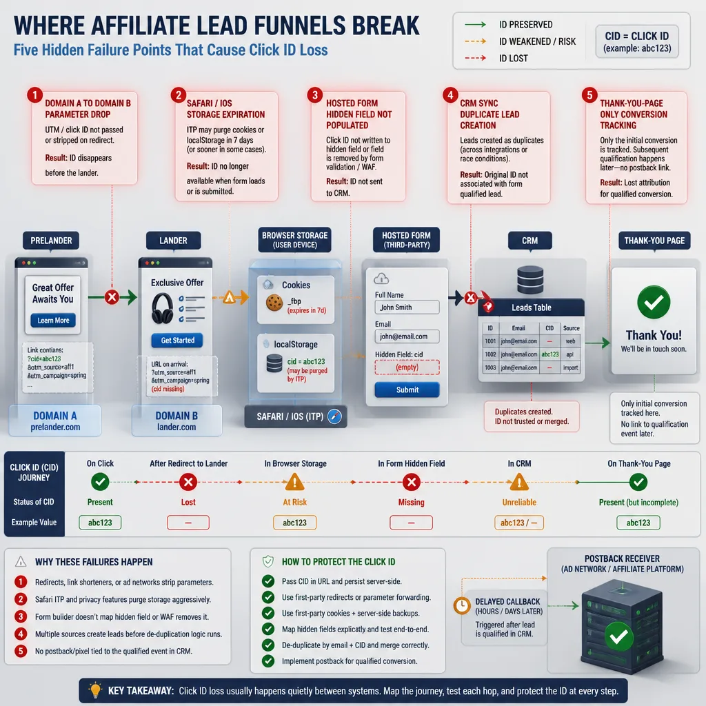 Annotated cross-domain funnel showing where parameters are lost between prelander, redirect, landing page, hosted form, CRM sync, and thank-you page tracking.