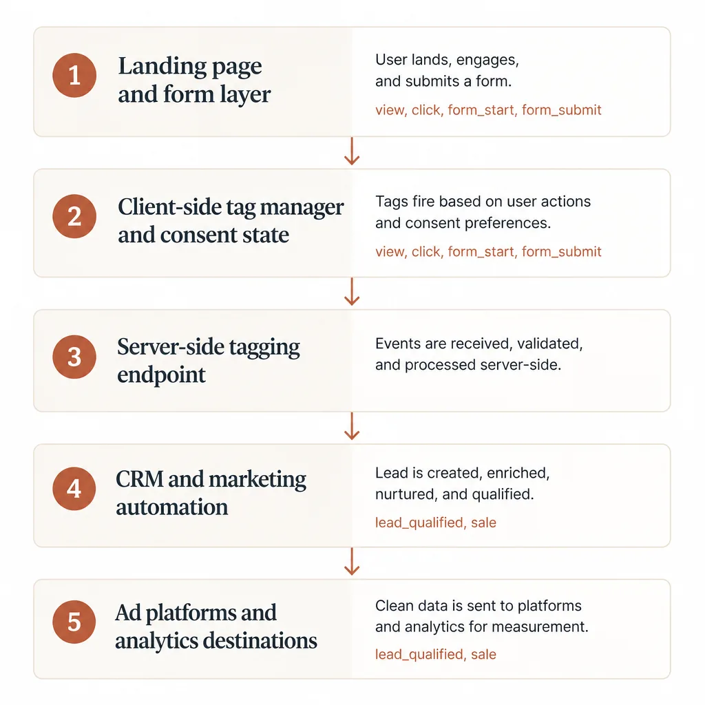 Clean workflow diagram showing data moving from landing page and consent layer to client tags, server-side tagging, CRM, and ad platforms