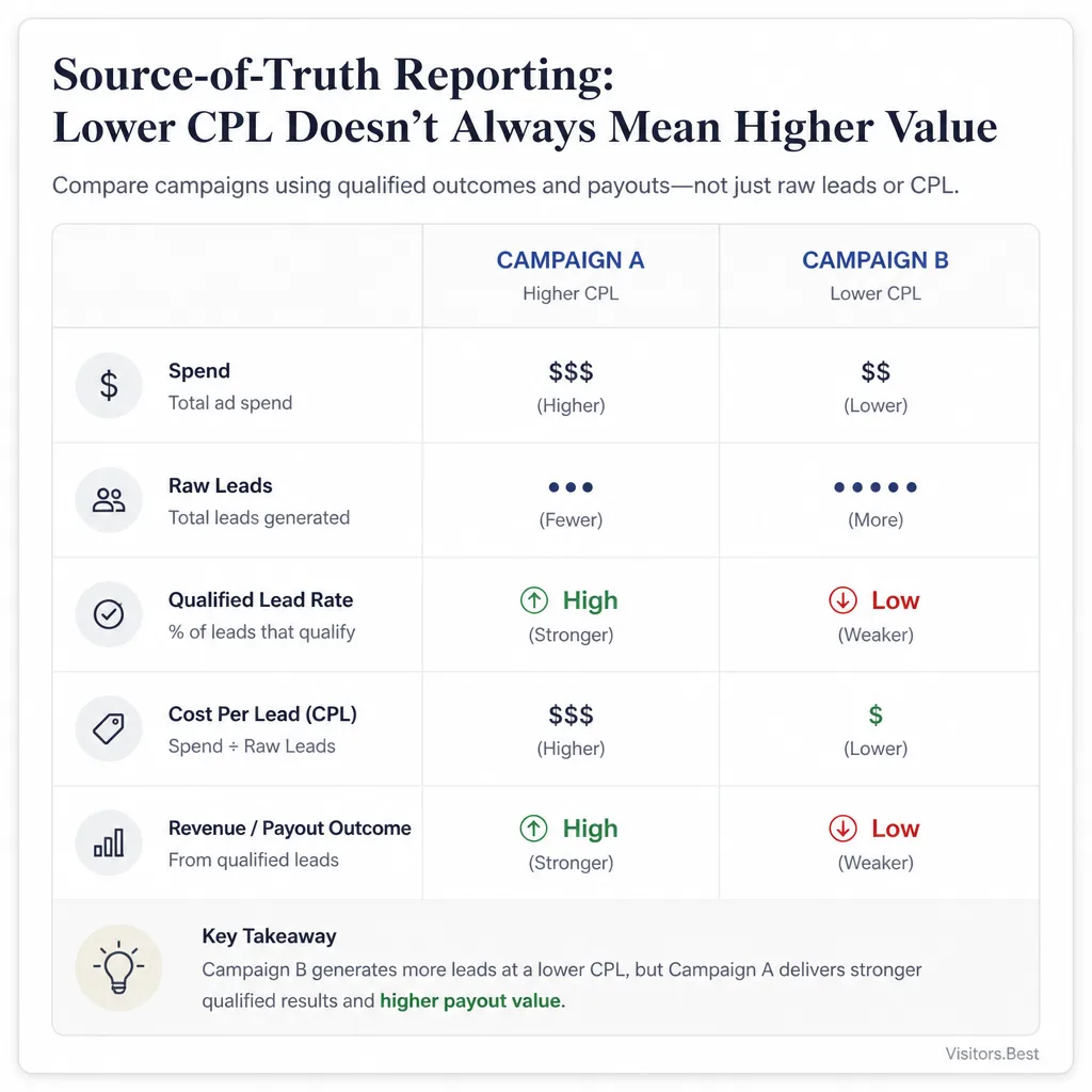 Comparison table-style visual contrasting raw lead counts with qualified lead rates and resulting business value for two campaigns