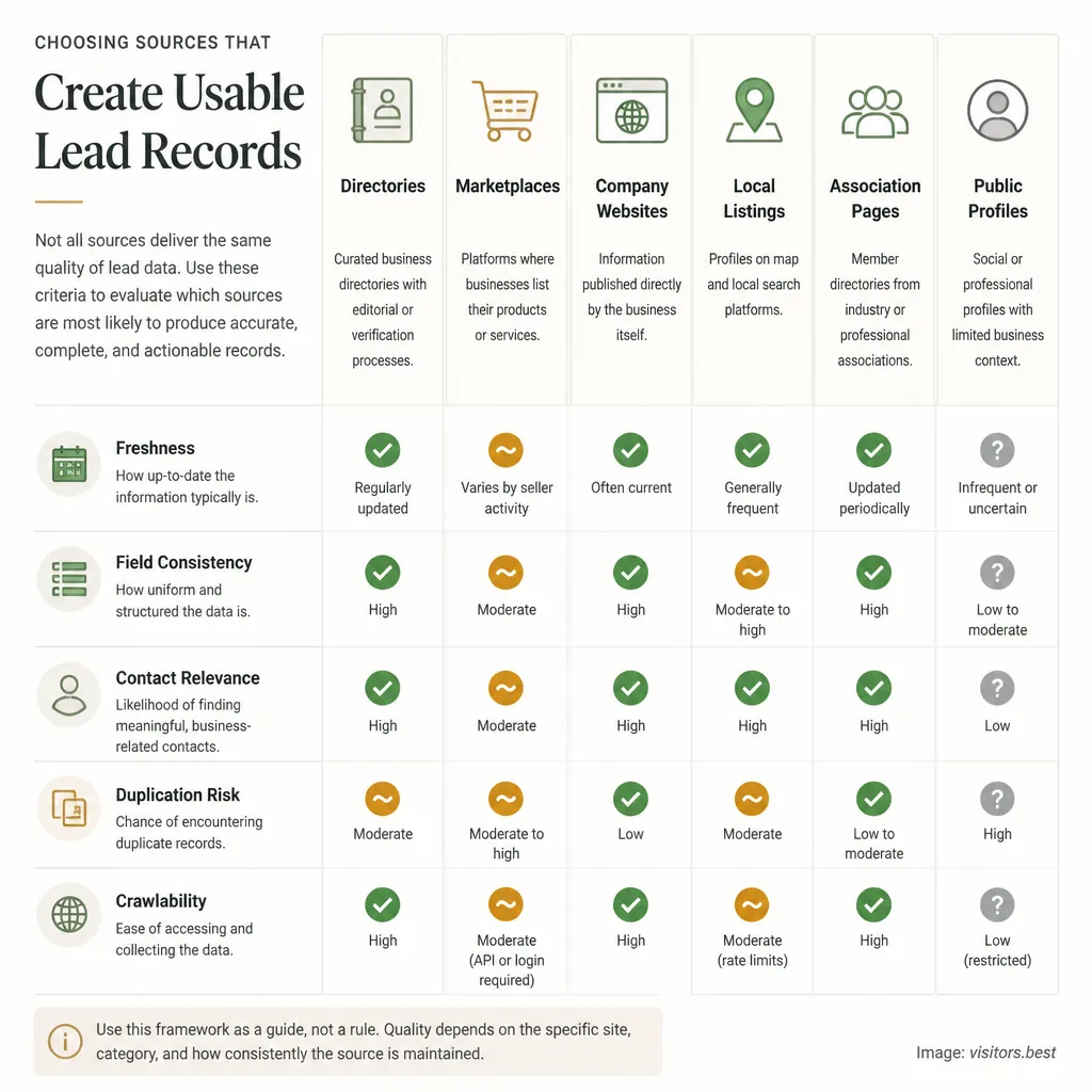 Comparison diagram of public lead sources arranged by usability, showing directories, marketplaces, company websites, local listings, association pages, and public profiles evaluated by freshness, field consistency, contact relevance, duplicate risk, and crawlability.