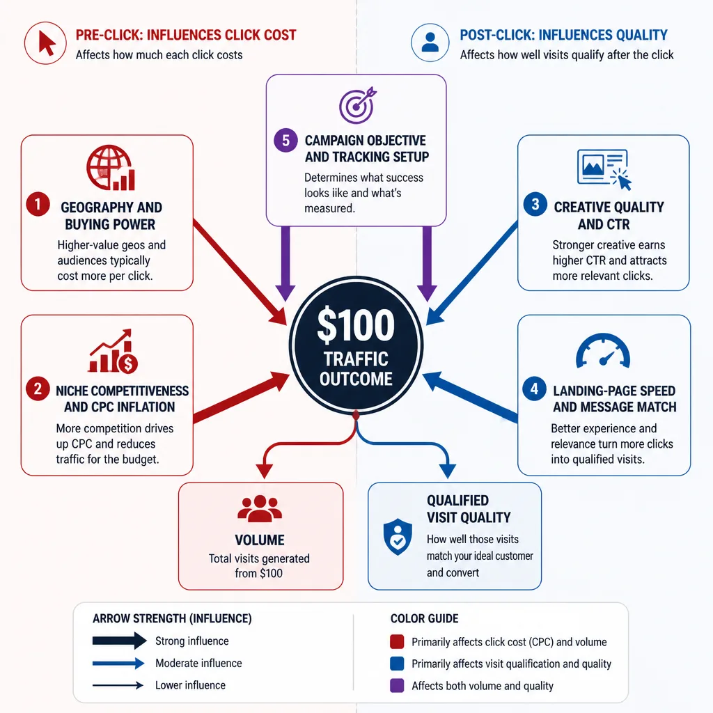 Factor map showing the main variables that change how much traffic one hundred dollars can buy and how qualified that traffic becomes