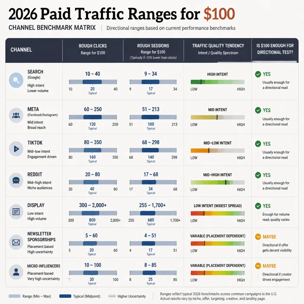 Comparison matrix showing realistic 2026 traffic ranges for seven paid channels with clicks, sessions, and traffic quality bands